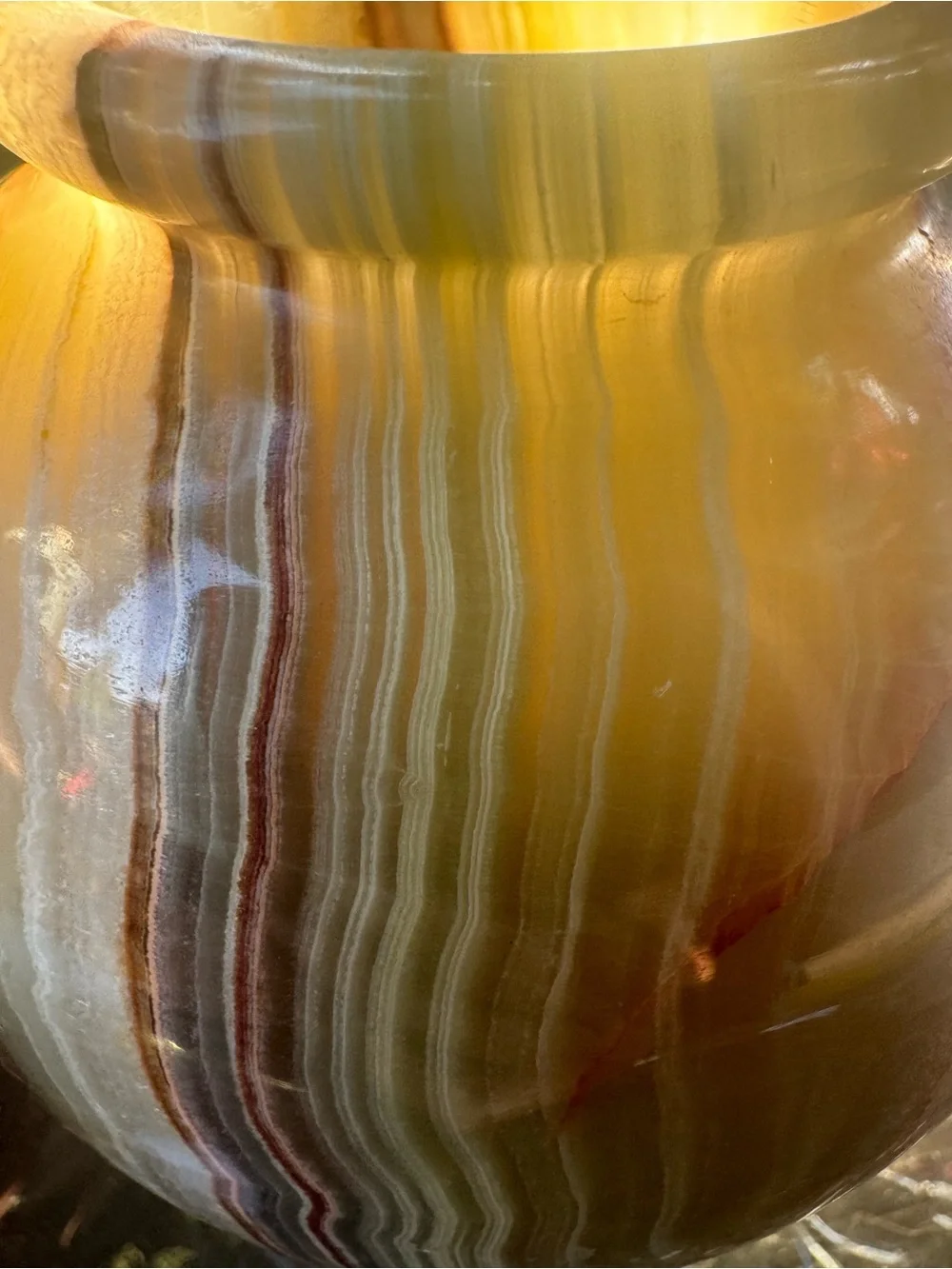 Vintage Polychrome Onyx Stone Vase in Pink, Brown & Green